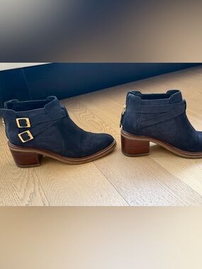 Suede navy Ankle Booties with Stacked Heel and cushioned insole- size 37